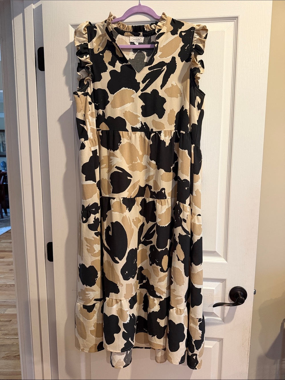 Mud Pie Black and Beige Abstract Floral Tiered Dress